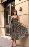 New French Floral Spaghetti Strap Backless Midi Dress