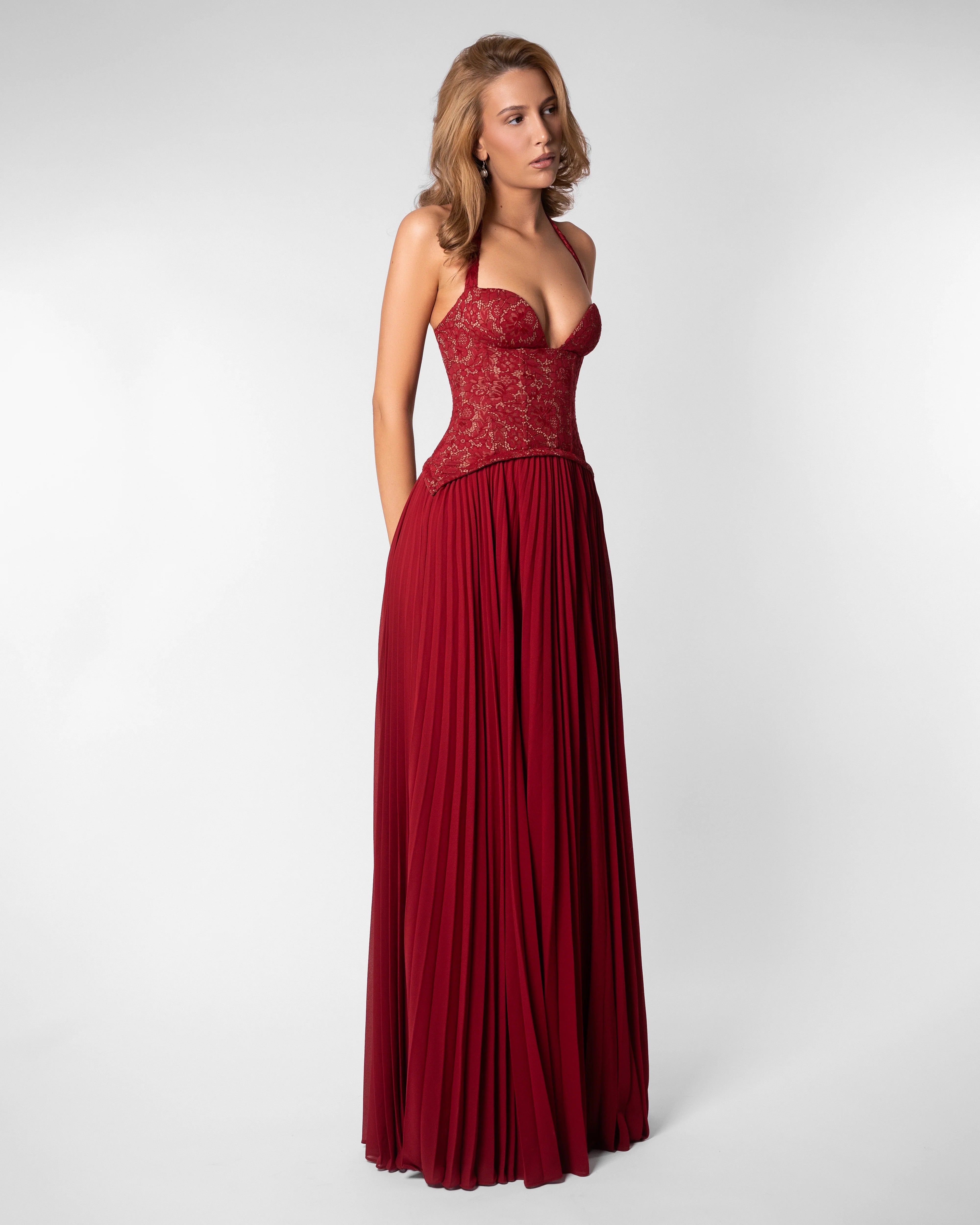 lace corset pleated maxi dress Daniella Lace Corset Pleated Maxi Dress - Cream