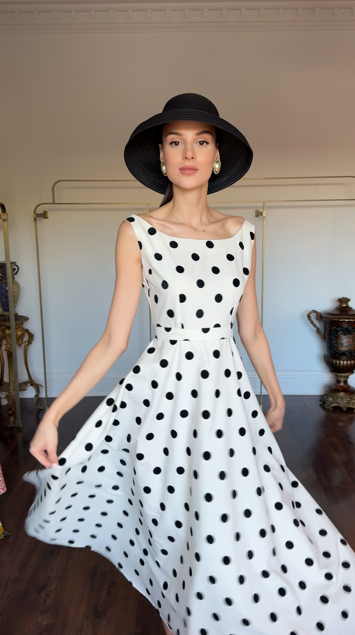 Vintage Polka Dot Boat Neck Midi Dress with Bow