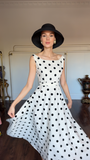 Vintage Polka Dot Boat Neck Midi Dress with Bow