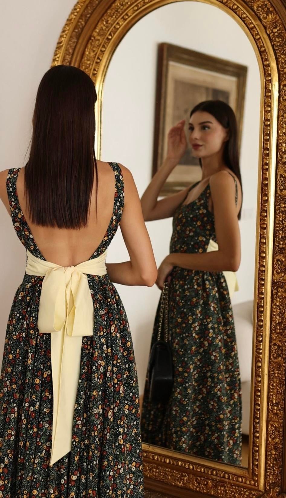 New French Floral Spaghetti Strap Backless Midi Dress