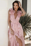 Ruffled Floral Cutout Maxi Dress with Deep V Neck