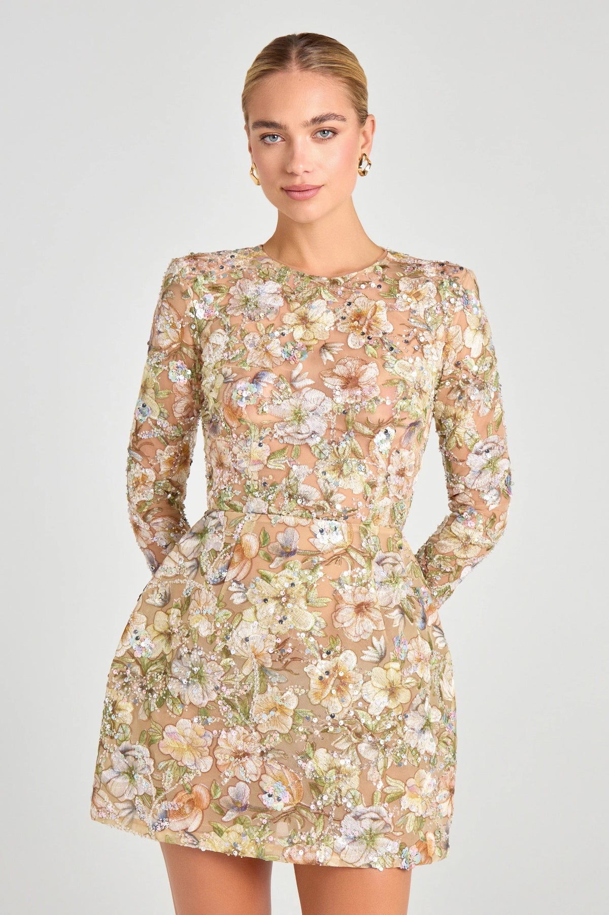 Sheer Floral Embellished Tulip Mini Gown