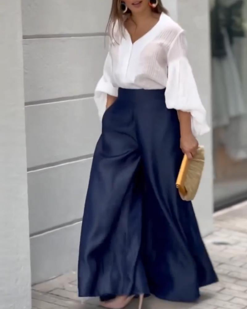Bubble Sleeve Shirt Top Pants Suit