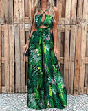 Tropical Print Halter Cutout Chic Wide Leg Jumpsuit