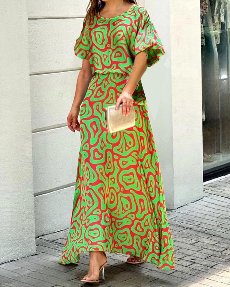 Funny Print Series Short Sleeved Top Long Skirt Suit