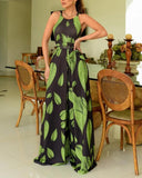Leaf print wide leg Jumpsuit