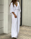 V-neck Open Back Banded Loose Jumpsuit