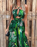 Tropical Print Halter Cutout Chic Wide Leg Jumpsuit