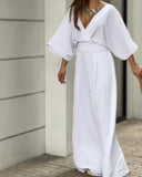 V-neck Open Back Banded Loose Jumpsuit