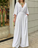 V-neck Open Back Banded Loose Jumpsuit