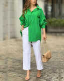 Green Shirt and White Trousers Suit