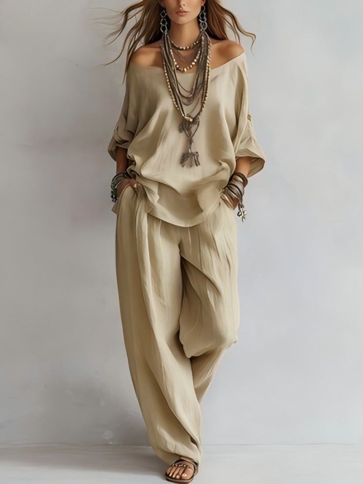 Off-Shoulder Half-Sleeve Wide Leg Pants Two-Piece Linen Look Set