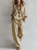 Off-Shoulder Half-Sleeve Wide Leg Pants Two-Piece Linen Look Set