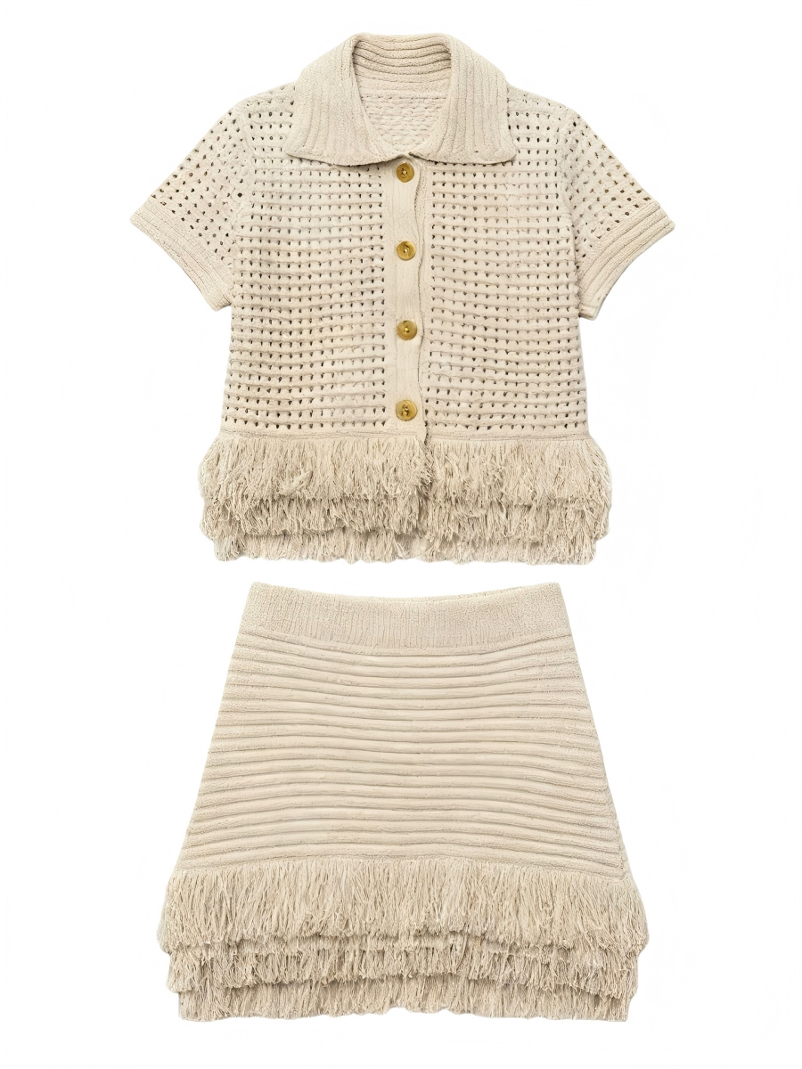 Grid Knit Fringe Trim Top & High-Waisted Mini Skirt Two-Piece Set