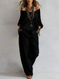 Off-Shoulder Half-Sleeve Wide Leg Pants Two-Piece Linen Look Set