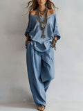 Off-Shoulder Half-Sleeve Wide Leg Pants Two-Piece Linen Look Set